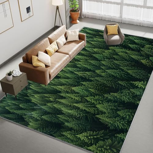 Area Rug 160x230 cm Rectangle Carpet for Living Room, Machine Washable Rug Art Photography Pine Forest Area Rug, Stain Resistant Non Slip Green Rug for Bedroom Kitchen