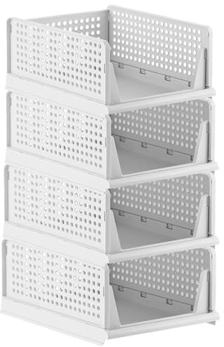 MUXHEL 4er-Set Kleiderschrank Organizer, 43 x 32 x 18cm Plastik Schrank Organizer, Kleiderschrank Aufbewahrungsbox, Stapelbare Faltbaren Regal, schubladenbox kleiderschrank, wardrobe organizer-weiß