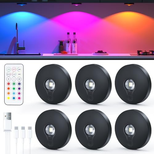 USB Aufladbar Led Spot Akku mit Fernbedienung,Vitrinenbeleuchtung LED Kabellos mit Timer Funktion,Unterbauleuchte,Schrankbeleuchtung,Magnetisch Licht mit Speicherfunktion (Schwarz | 6 Stück, RGB)