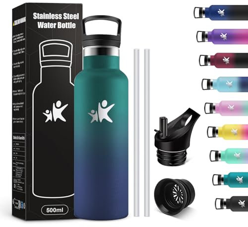 KollyKolla Botella Termica Niños 500ml, Botella Agua con Pajita, Fácil de Limpiar, Reutilizable, Cantimplora Termica, Sin BPA, a Prueba de Fugas, para Niña, Niño, Escuela, Camping, Colegio, Viaje