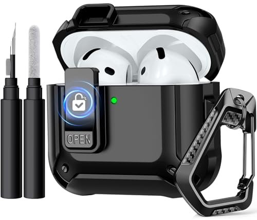 Epova Case Compatible with AirPods 4 Case Cover, Shockproof Drop-Protection Hard Case with Secure Lock Compatible with Apple AirPods 4th Generation Case (2024), with Cleaning Kit & Carabiner (Black)