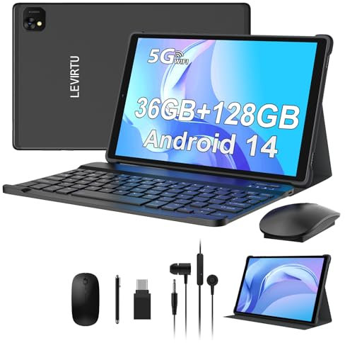 LEVIRTU Tablet 10 Pulgadas Android 14 Tableta 5G WiFi Octa Cores,2.0GHz Tablet PC 36GB RAM+128GB ROM, 1920 * 1200 FHD, 8000mAh,13MP+8MP, GPS, Face ID, Tablet con Teclado, Ratón(Negro)