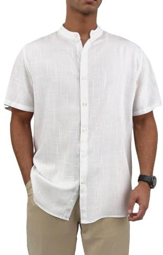 TONY BACKER Camicia in Lino Uomo Manicha Corta Estiva Camicia Coreana con Bottoni Casual (IT, Testo, XL, Regular, Regular, Bianco)