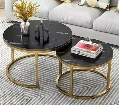 OHMG Set de 2 Tables Gigognes Rondes,Tables Basses,70/50cm,Table d'appoint Ronde,Design Moderne,Table de Salon en marbre,avec Pied en Acier (Noir+or-70 * 70 * 45cm)