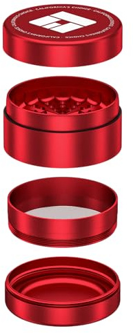 Premium Toothless Grinder Hollywood 2.0 Rot | Zahnlos | Aluminium in Raumfahrtqualität | 4 – teilig | Blüten (Flower) Mühle (Mill) | Inkl. Feinsieb & Pollenfach | Original California's Choice