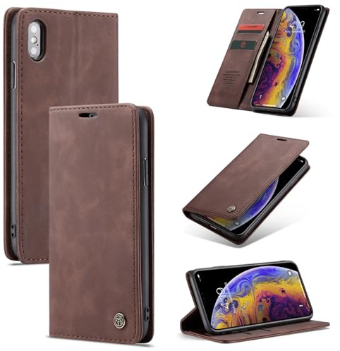 Ottcooed Handyhülle für iPhone X/iPhone XS Hülle, Premium Leder Flip Case, Magnet Klappbar Klapphülle Tasche, Standfunktion Kartenfach Wallet Schutzhülle für iPhone X/iPhone XS, Kaffee