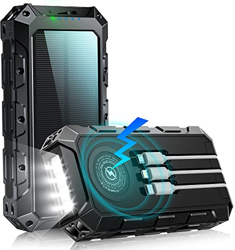 Power Bank 52800mAh: Solaire Batterie Externe avec Charge Rapide 30W PD, 3 Câbles Intégrés, 5 Sorties, 2 Entrées, Charge sans Fil, Chargeur Portable pour Smartphones (Noir)