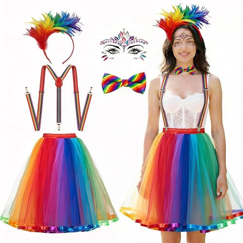 Regenbogen Kostüm Damen Karneval Tüllrock mit Feder Haarreif Bunt Hosenträger,Regenbogen,Rock,Fliege,Gesichtssteine,50er Jahre Outfit Damen,Halloween Karneval Fasching kostüm Tütü Damen Mädchen