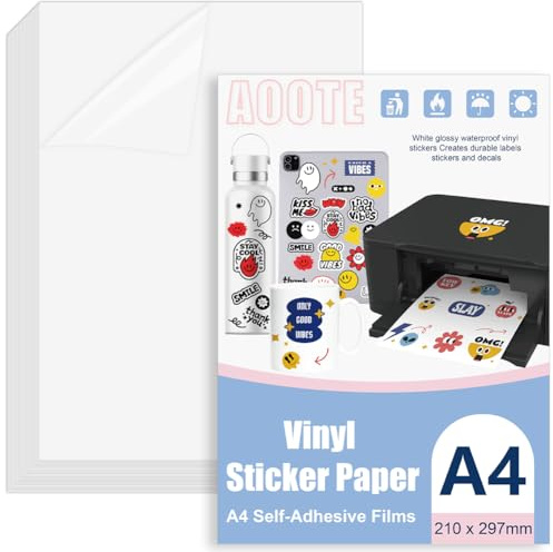 AOOTE 26 Blatt A4 Aufkleber Papier zum Drucken, Transparent a4 Selbstklebende Folie, Aufkleberfolie Druckerpapier Wasserfest, Wasserfest Bedruckbar Vinylfolie für Laserdrucker geeignet