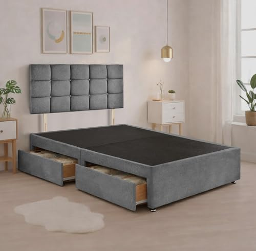 BED TIME UK Serene Grey Plush 5FT King Size Bed with Storage – 20 Cubic Headboard & 2 Drawer Divan Base, Modern Upholstered Bedroom Bed Frame