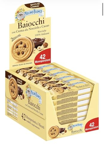 Mulino Bianco Biscotti Baiocchi con Crema alla Nocciola e Cacao, Snack Ideale per Colazione e Snack Dolce per la Merenda, Confezione da 42 Pacchetti