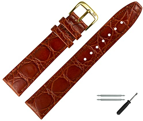 MARBURGER Uhrenarmband 12mm Leder Braun Gold Kroko (Caiman) Prägung Mit Naht - Montage Set 5291232000220