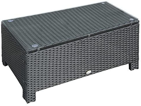 Outsunny Outdoor PE Rattan Coffee Table, Rectangular Garden Tea Table w/Tempered Glass Top, Black