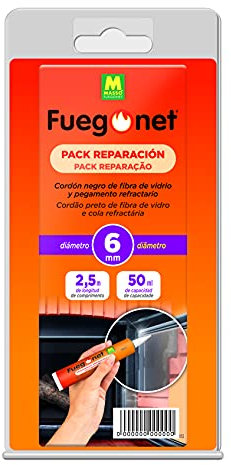 Fuegonet 231242 Pack de reparación cordón Negro + Cola refractaria, Fibra de Vidrio, 2,5m de Longitud y 6mm de diámetro