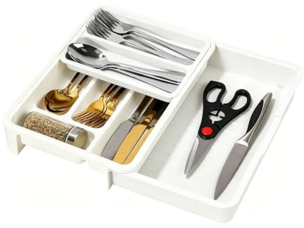 HornTide 3-in-1 Cutlery Tray Expandable Utensils Holder Plastic Kitchen Drawer Organizer for Silverware Storage and More - White