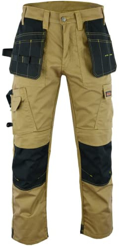 WrightFits Men Pro Builder Work Trousers Khaki - Heavy Duty Safety Combat Cargo Pants - Multi Pockets - Knee Pad Pockets - Triple Stitched - Durable Workwear (30W to 42W) (30W X 29L)