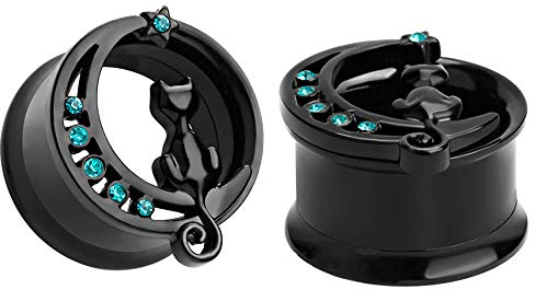Huacan Flesh Tunnel 8mm-16mm Ohr Piercing Silber Schwarz Katze Anhänger Mit Klein Zirkon Mond Design Exquisiter Plugs Double Flared Außengewinde Expander Hochwertige Edelstahl Schmuck 2 Stück