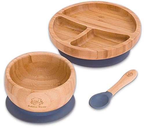 Bubba Bear ® Baby Bamboo Suction Bowl, Plate & Spoon Set | Stay Put Toddler Led Feeding Bowls & Plates | Free Guide to Weaning
