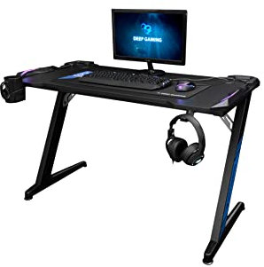 Mesa Gaming PC para e-sports con Iluminación LED RGB alimentada por USB, Textura de Fibra de Carbono, Gran Reposavasos, Guiado de Cables y Soporte para Auriculares. Color Negro