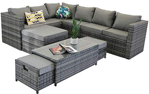 Yakoe Vancouver 9 Seater Corner Rattan Garden Set In Grey With Fitting Cover