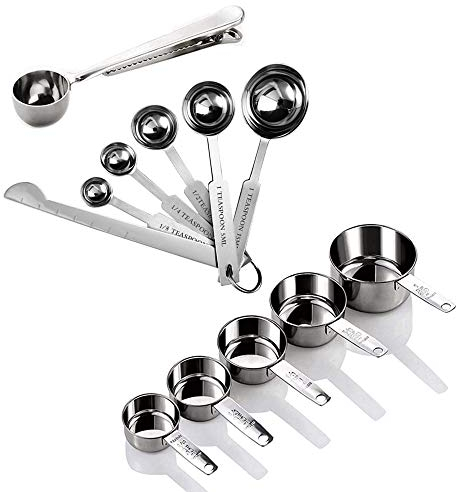 Vegena Juego de tazas medidoras y cucharas acero inoxidable con regla medición, 12 piezas tabla conversión cocina, 5 medidoras, 1 cuchara clip medición para las medidas horneado.