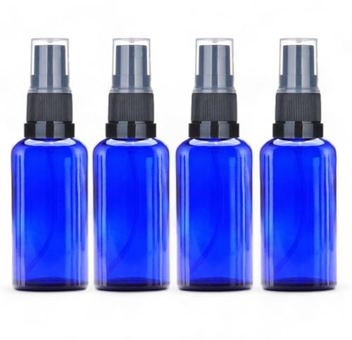 Avalon 50ml Blue Glass Bottles with Black Atomiser Spray ~ Pack of 4 ~ Refillable, Reusable, and Travel Sized ~ Perfect for Aromatherapy, Perfumes, Essential Oils, Aftershaves, and More