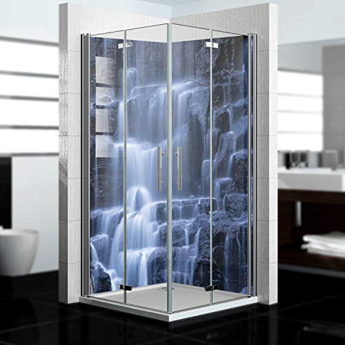 dedeco Eck-Duschrückwand wasserfest Motiv: Wasserfall V17 UV-Lack glänzend, 2 x 90x200 cm, Badrückwand, Fliesenersatz fugenlos Wandverkleidung Duschplatte Duschrückwände aus Aluminium, Made in Germany