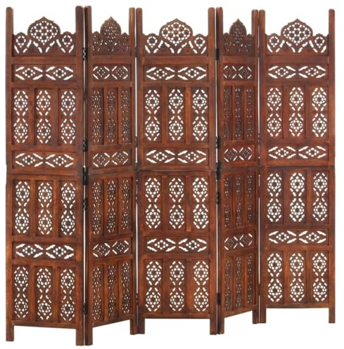 vidaXL Mangoholz Massiv Raumteiler 5-TLG. Handgeschnitzt Klappbar Trennwand Paravent Spanische Wand Umkleide Sichtschutz Braun 200x165cm