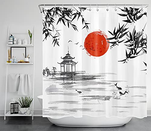 LB Japanische Rote Sonne Duschvorhang 180x180cm Bambus und Koi Antischimmel Wasserdicht Badezimmer Vorhänge, Schwarz und weiß Polyester Stoff Bad Vorhang mit Haken