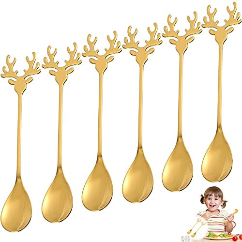 6 piezas Cuchara de café de alce Cuchara de acero inoxidable Cuchara para postres Cucharilla Cuchara para mezclar Cuchara de navidad Cuchara creativa Vajilla(oro)