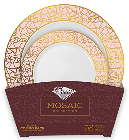 Decorline - Assiettes en Plastique Dur réutilisables de 32 pièces - Pour 16 Personnes - Collection Mosaic - Or/Rose - Assiette vintage - pour Anniversaires, Mariages & Fêtes