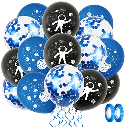 Space Balloons, 12 Inch Outer Space Themed Party Set - Blue, Black, Confetti, Helium Latex Balloons - Astronaut, Planet for Kids, Boys Birthday, Baby Shower Decoration