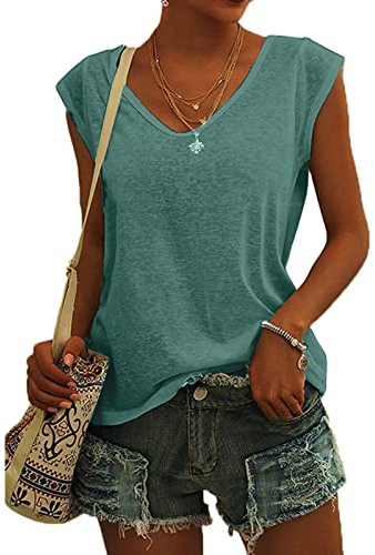 KOG Bluse Damen Elegant Ärmellose T-Shirt Shirt Casual Weiß Oberteile mit Flügelärmeln Frauen Schwarz Kleidung Frau Grau Sommer Shirts Top Damen V-Ausschnitte Tshirt Klamotten Grün M