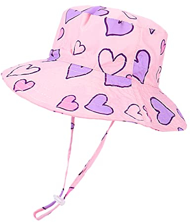 LACOFIA Cappellino Neonata Estivo Cappello Sole Mare UPF 50+ Bambina Berretto da Spiaggia/Piscina a Tesa Larga con Cinturino Sottogola Regolabile Cuore Rosa 4-6 Anni
