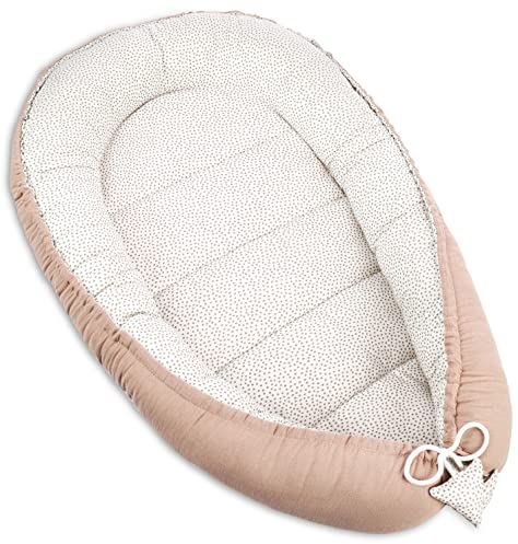 PIMKO Babynest Babynestchen für Baby Kuschelnest 2-seitig Babykokon für Säuglinge und Neugeborene Babynestchen 100% Baumwolle Nestchen geeignet für Zuhause 55 x 90 cm (Beige Musselin)