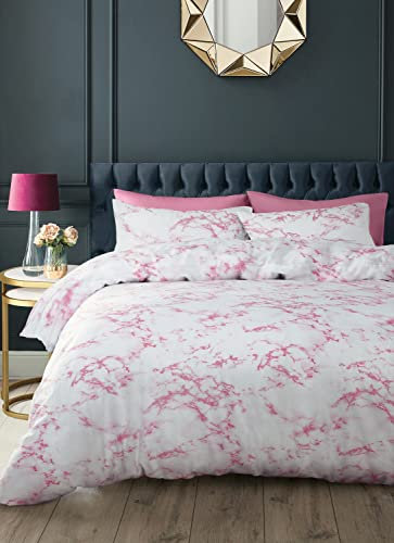 Velosso Duvet Cover Set Marble Pattern Easycare Polycotton Quilt Cover and Pillowcase Bedding Set (Pink, Double)
