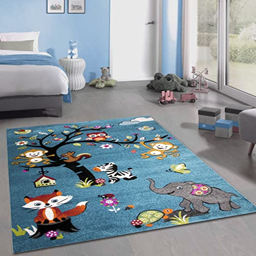 CARPETIA Teppich mit zahlreichen Tiermotiven | in der Farbe blau | Kinderfreundlich, 140 x 200 cm