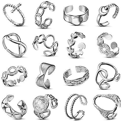 Adramata 16 Pcs Silber Ringe für Damen Edelstahl Ring Frauen Einfaches Blumen Herz Schmetterlingsring Ring Offene Verstellbare Ringe Set Stapelbare Punk Fingerring Boho Ringe Silber Daumenring Damen