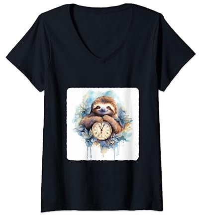 Faultier mit einer Uhr. Faultier neben einer Uhr, Geduld T-Shirt mit V-Ausschnitt