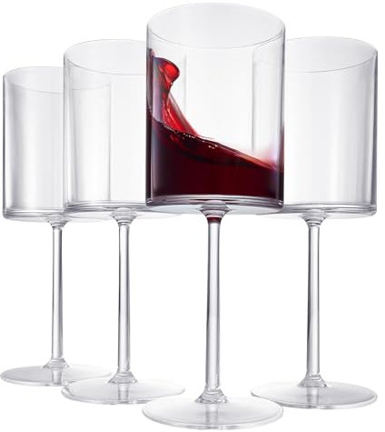Lot de 4 verres à vin carrés incassables en acrylique Tritan de style européen | Lot de 4 | Verres 100 % américains, passent au lave-vaisselle, couleur transparente, incassable, sans BPA, piscine