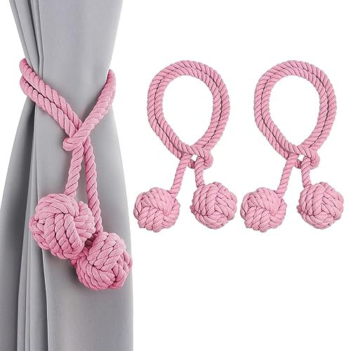 starfa lab 2 Stück Vorhang Raffhalter, Vorhang Zugband Handstricken Seil mit Ball (Rosa)