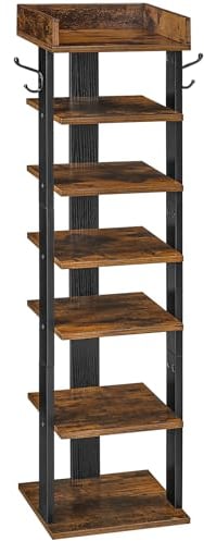 HOOBRO Schuhregal, vertikales Schuhablage, 7-lagiger Schuhschrank, schmale Schuhständer mit Zaun und Haken, platzsparend, für Flur, Wohnzimmer, Schlafzimmer, Dunkelbraun-Schwarz EBF61XJ01