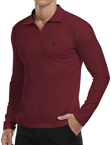 KUYIGO Men's Long Sleeve Zip Polo Shirt Made of Fresh Breathable Cotton Premium Fabric XL Wine Red
