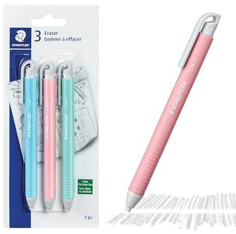STAEDTLER Vinyl-Radiergummi-Halter (3er-Pack): Einziehbare Radiergummis für Bleistifte, weiches Vinyl, latexfrei, saubere Kanten, keine Flecken, Pastellfarben