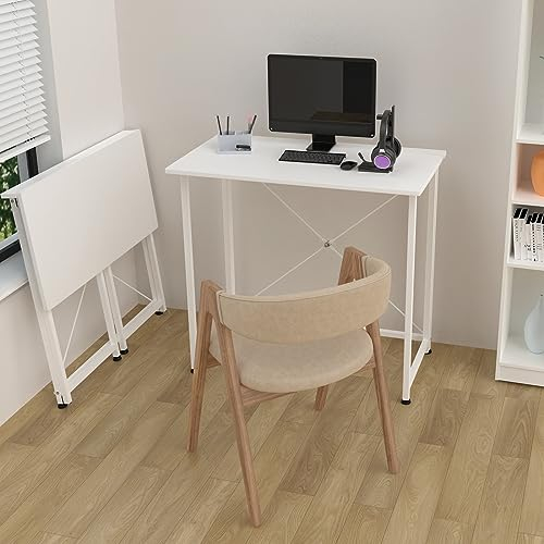 Rcynview Escritorio Plegable para Computadora, Mesa Plegable Portatil de Estilo Industrial, Escritorio Ordenador Oficina, Mesas Plegables Blanco, Mesa de Estudio Madera, Metal Robusto, 80x45.5x74 cm