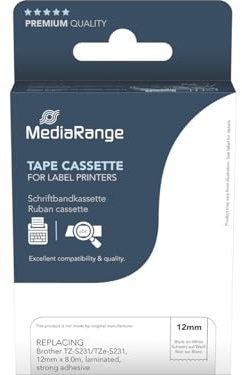 MediaRange TZ/TZe-S231 Schriftband 12 mm x 8 m, stark haftend S/W | Schwarz/Weiß | laminiert