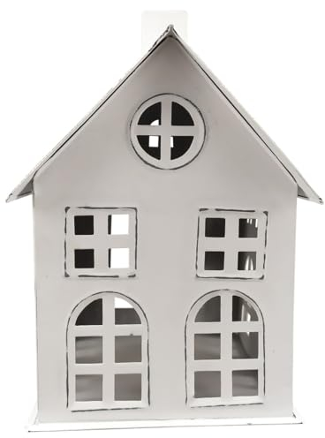 matches21 Hübsches Windlicht Lichthaus aus Metall als Landhausdeko - Teelichthalter Häuschen in weiß als Weihnachtsdeko - Deko Teelichthaus im Shabby Stil 14 x 17,5 x 21 cm