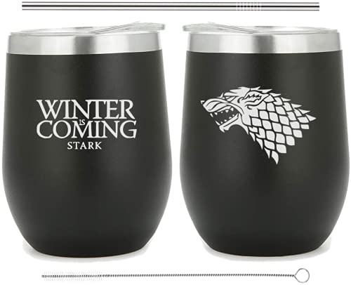 CSM Supply Winter is Coming – Thrones House Stark Edelstahl-Tasse, doppelt isoliert, ohne Stiel, 340 ml (1 Tasse), Metall-Trinkhalm mit Reinigungsbürste, Schwarz
