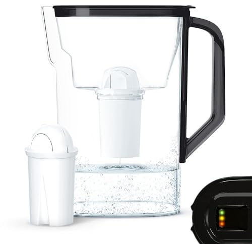 Wessper Carafe Filtrante pour Eau 2.7L avec Compteur LED, Remplacement de cartouche Aquaphor Standard, Brita Classic, Dafi Classic | Réduction du Calcaire | Carafe Filtrante + Filtre à Eau - Noir