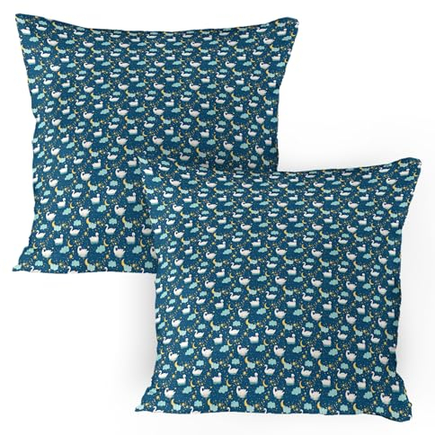 ABAKUHAUS Swans Kissenbezug Packung mit 2, Repetitive Gracious Wasservogel Cygnets Nachthimmel, Dekorativer Standard Gedruckter Kissenbezug, 80 x 80 cm, Petrol Blau Mehrfarbig